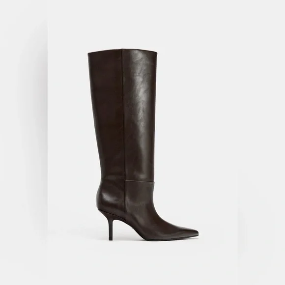 Zara Chocolate Brown Vegan Knee-High Pointed-Toe Boots with Heels. Size 6. - Picture 2 of 9